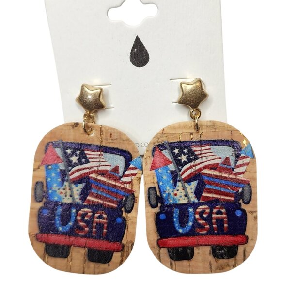 VIOLA Patriotic 4th Of July Rounded Rectangular Cork Statement Earrings NWT - Picture 1 of 3